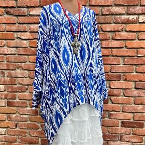 Easy Breezy Boho Blue and White Oversized High Low Tunic Top